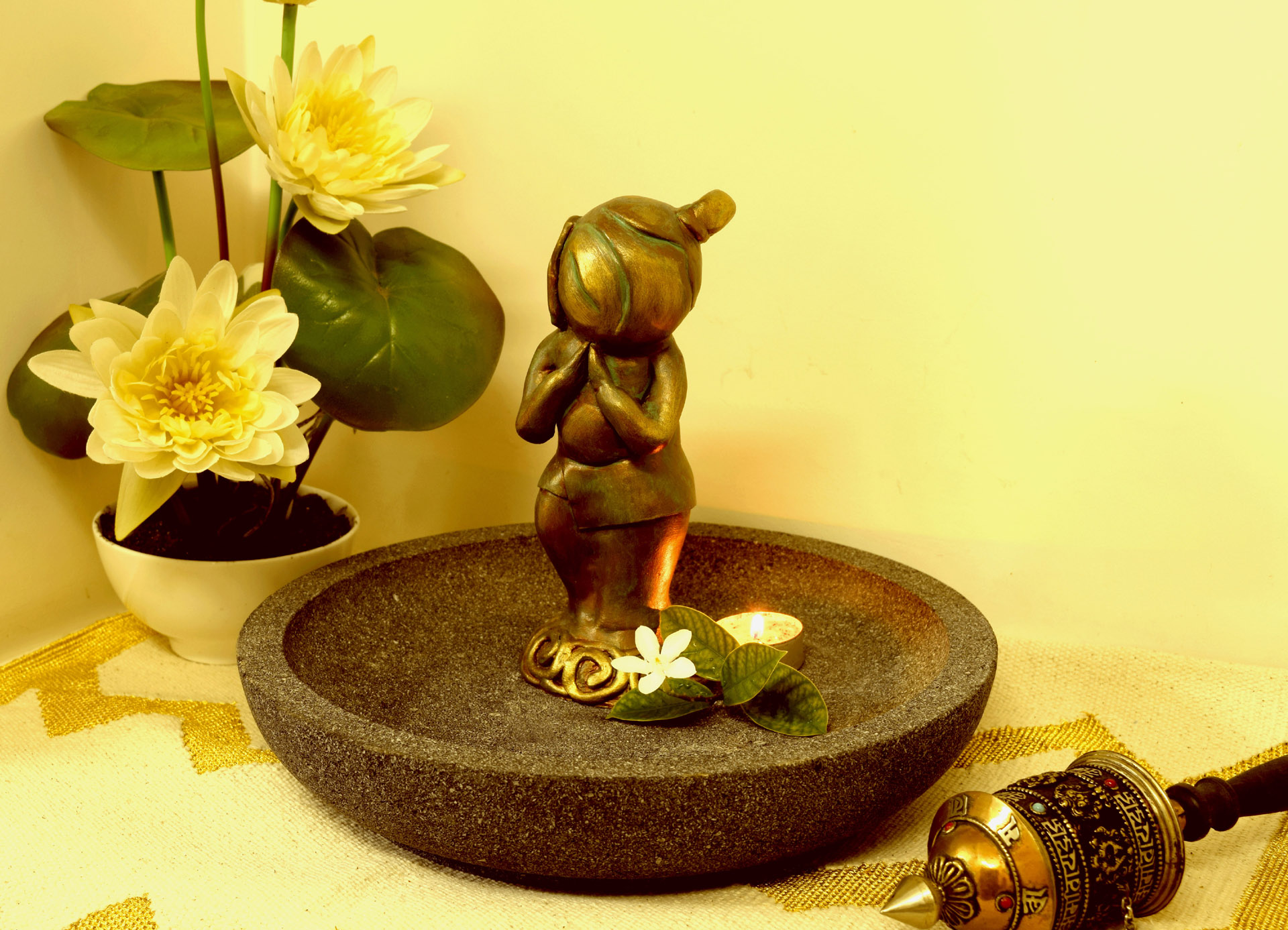 Baby Buddha Figurine with Stone Basin